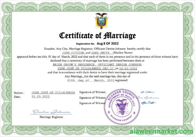 Ecuador marriage certificate Word and PDF template